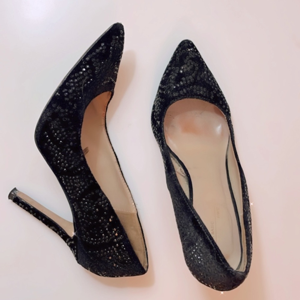 ZARA BLACK STUDDED DIAMANTE HIGH HEEL COURT SHOES